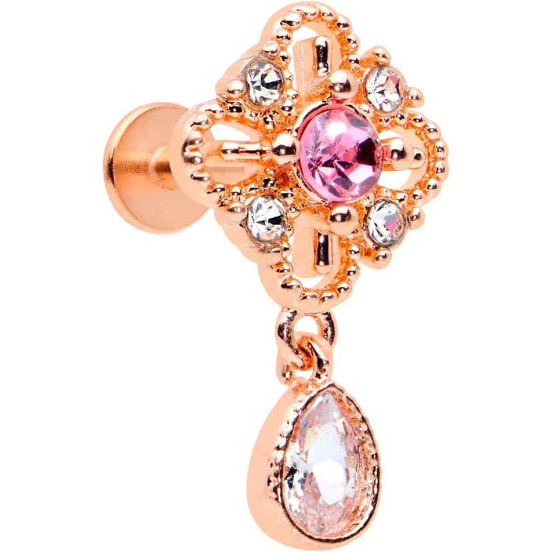 16 Gauge 1/4 Clear Pink Gem Rose Gold Tone Cross Dangle Labret Tragus