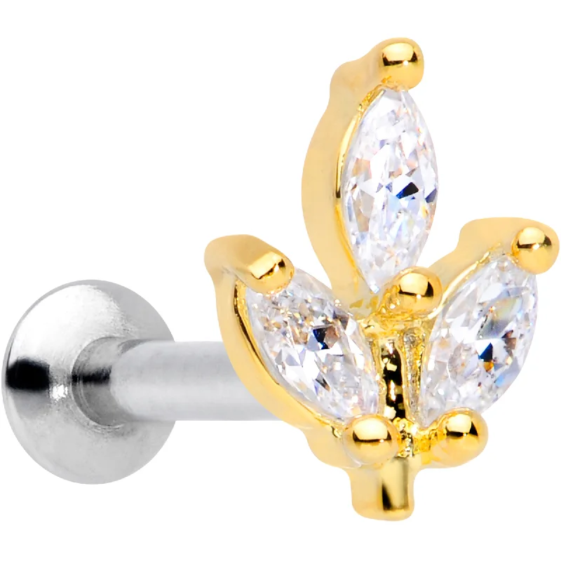 16 Gauge 1/4 CZ Gem Gold PVD Leaf Threadless Push In Labret Tragus