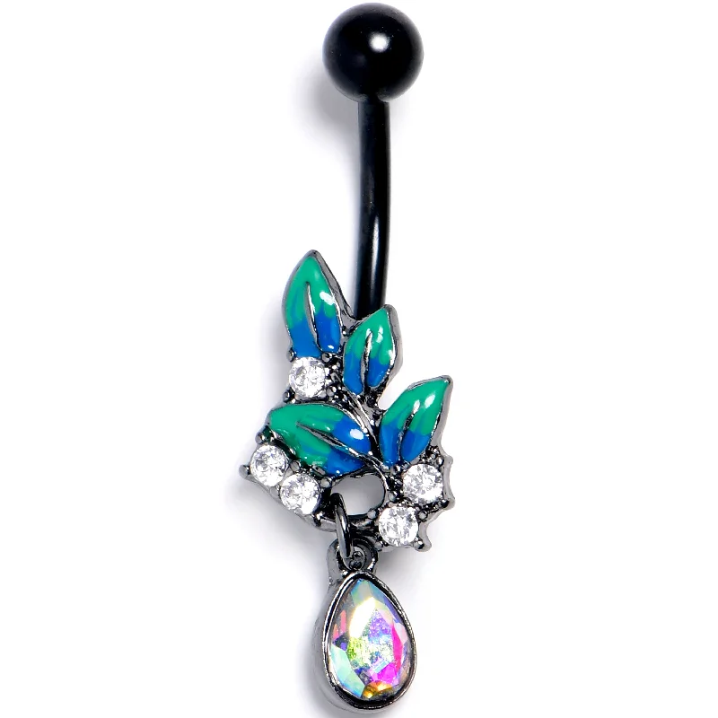 Clear Aurora CZ Gem Black Lush Leaves Dangle Belly Ring