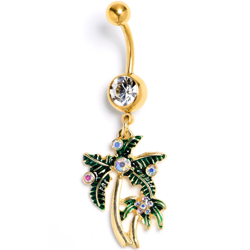 Clear Aurora Gem Gold Tone Palm Tree Glam Dangle Belly Ring