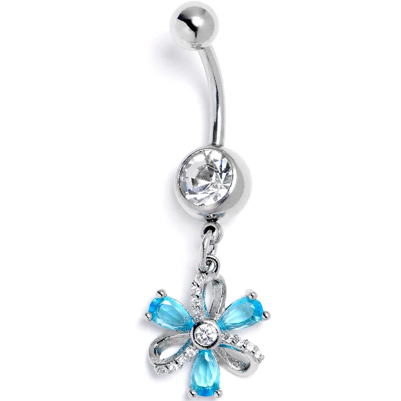 Clear Blue CZ Gem Bling Flower Glam Dangle Belly Ring