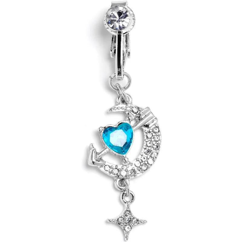 Clear Blue Gem Moon Lover Dangle Clip On Fake Belly Ring