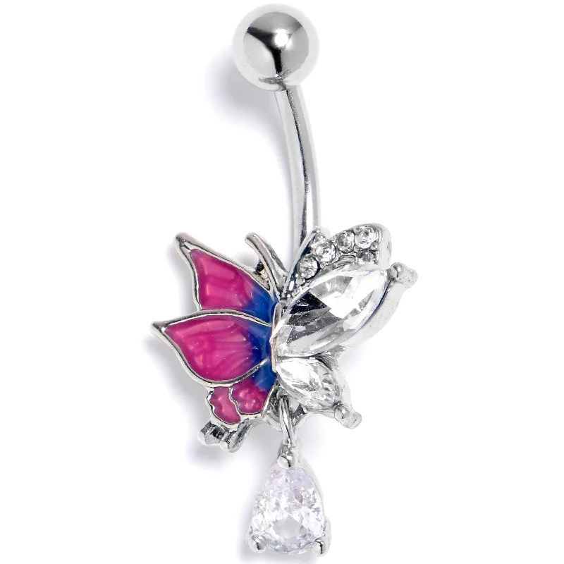 Clear CZ Gem Dazzling Butterfly Purple Dangle Belly Ring