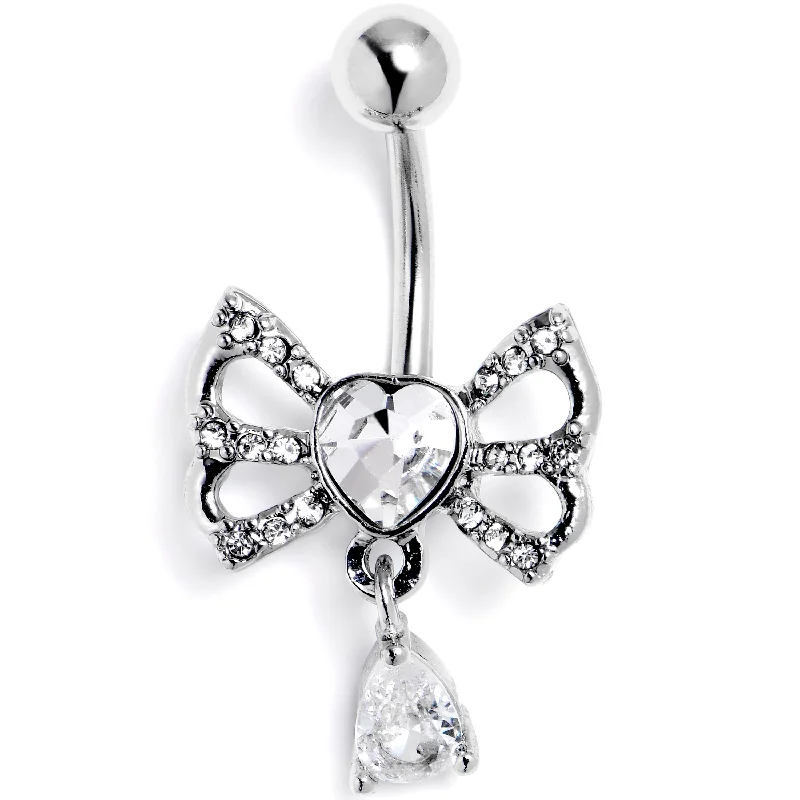 Clear CZ Gem Heart In A Bow Dangle Belly Ring