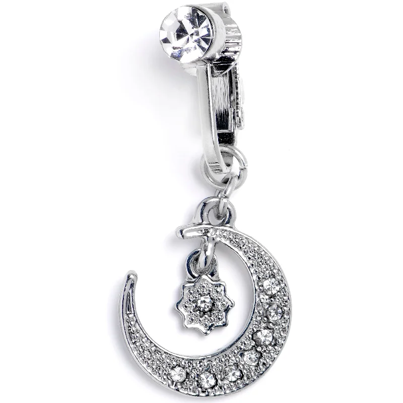 Clear CZ Gem Moon and Star Dangle Clip on Fake Belly Ring