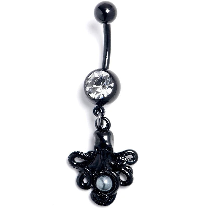 Clear Gem Black Faux Peal Treasure Octopus Dangle Belly Ring