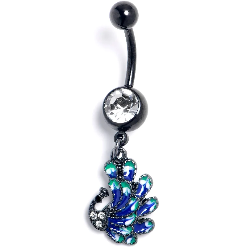 Clear Gem Black Peacock Green Dangle Belly Ring