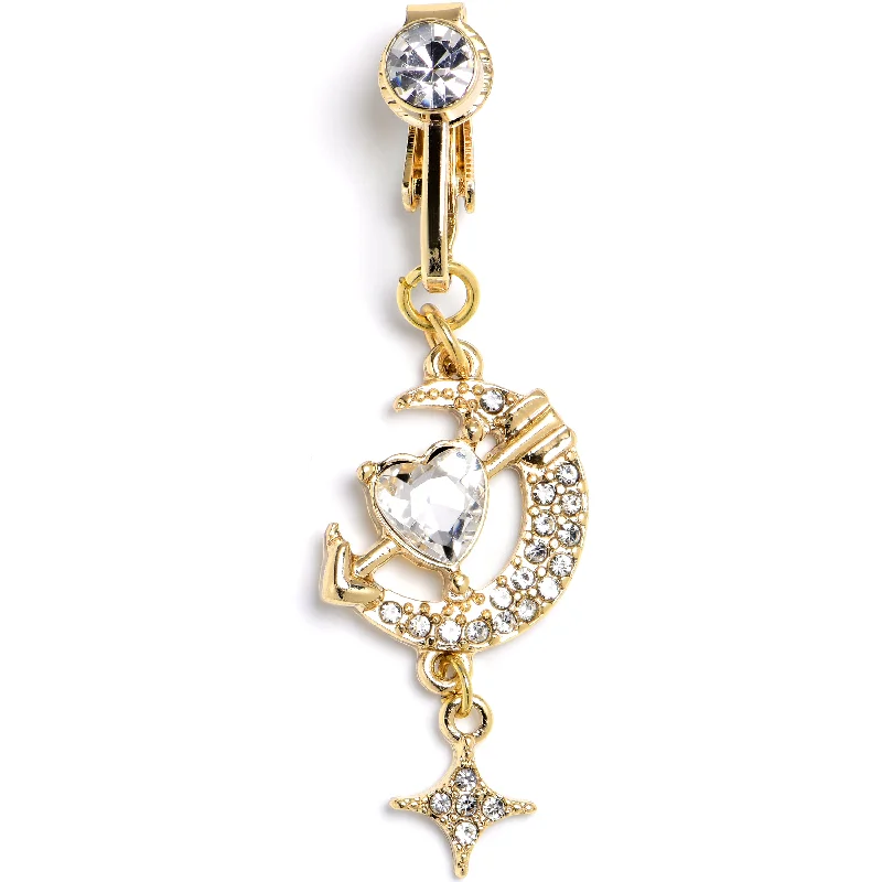 Clear Gem Gold Tone Moon Lover Dangle Clip On Fake Belly Ring