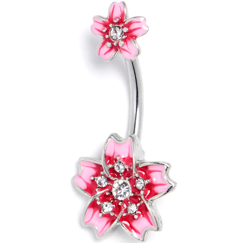 Clear Gem Perfect Pink Flower Double Mount Belly Ring