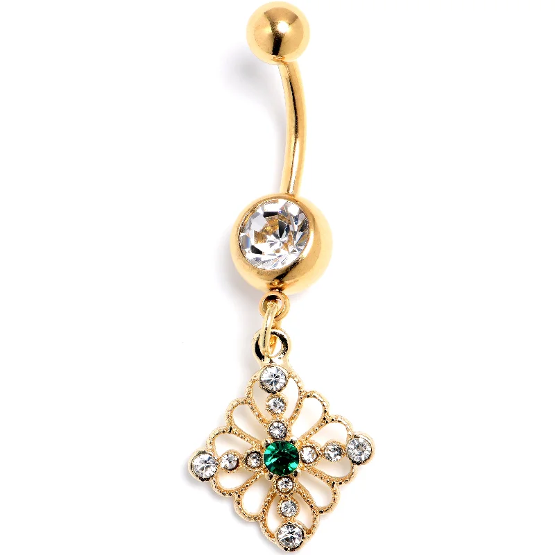 Clear Green Gem Gold Tone Filigree Cross Rhombus Dangle Belly Ring