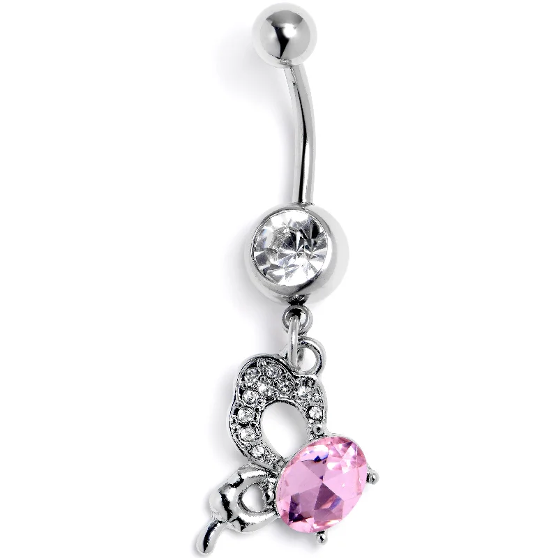 Clear Pink CZ Gem Abstract Style Butterfly Dangle Belly Ring