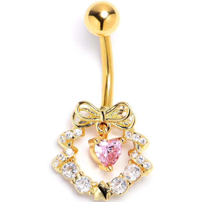 Clear Pink CZ Gem Gold Tone Heart Wreath of Love Belly Ring