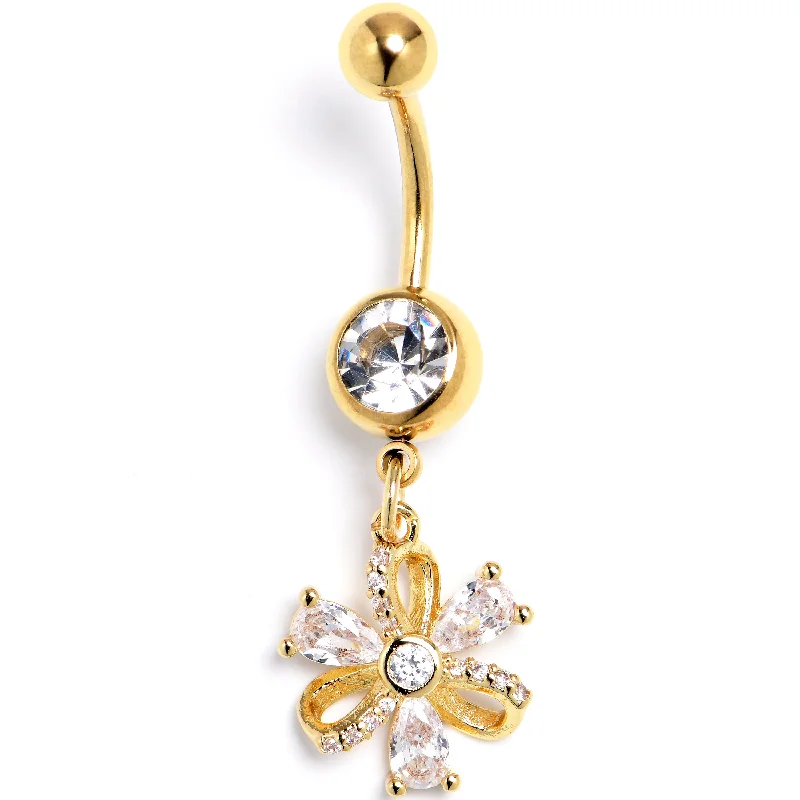 Clear Yellow CZ Gem Gold Tone Bling Flower Glam Dangle Belly Ring