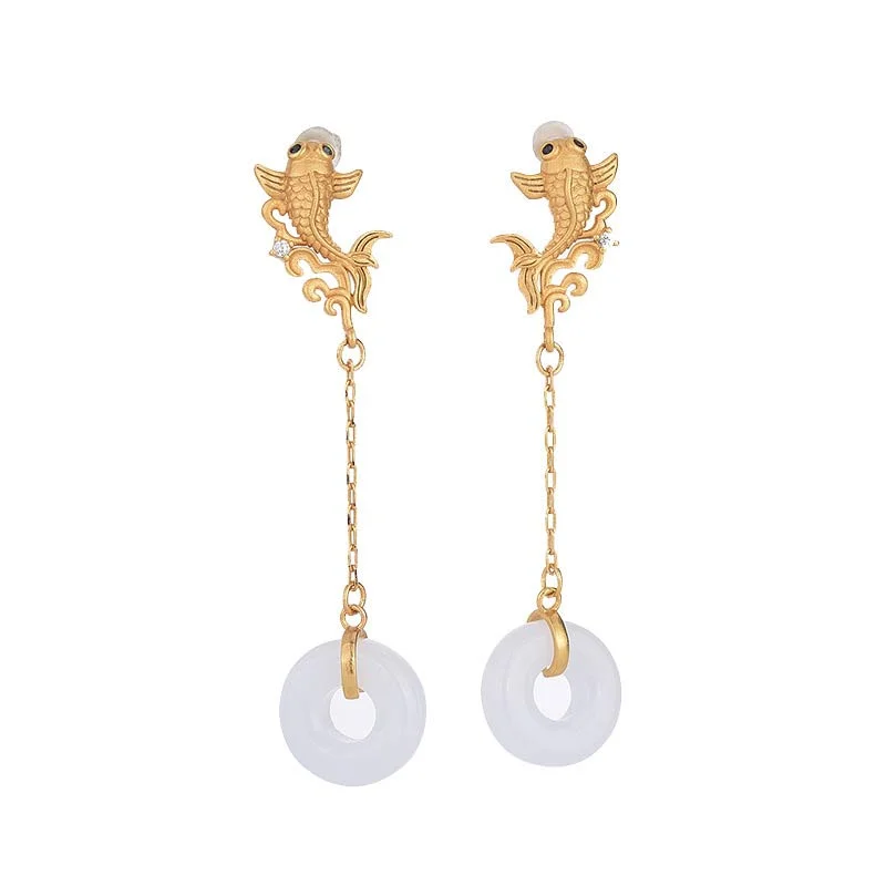 Buddha Stones FengShui Koi White Jade Fortune Earrings