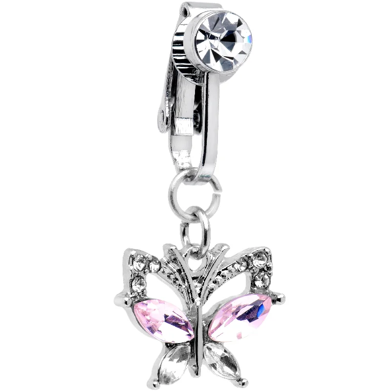 Pink Clear CZ Gem Butterfly Bling Dangle Clip on Fake Belly Ring