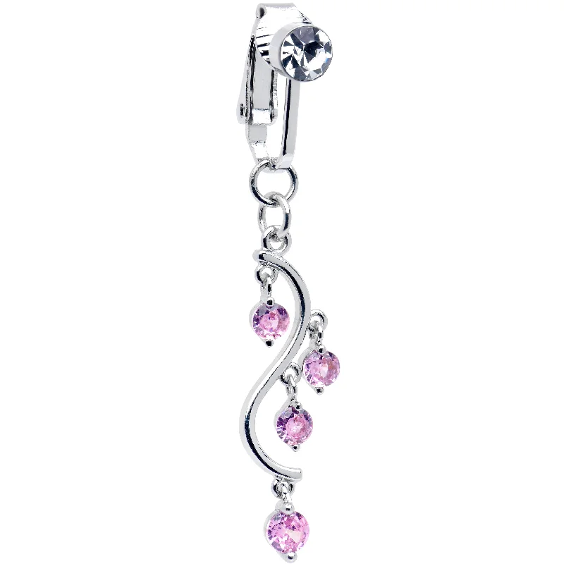 Pink CZ Gem Swirl Dangle Clip on Fake Belly Ring