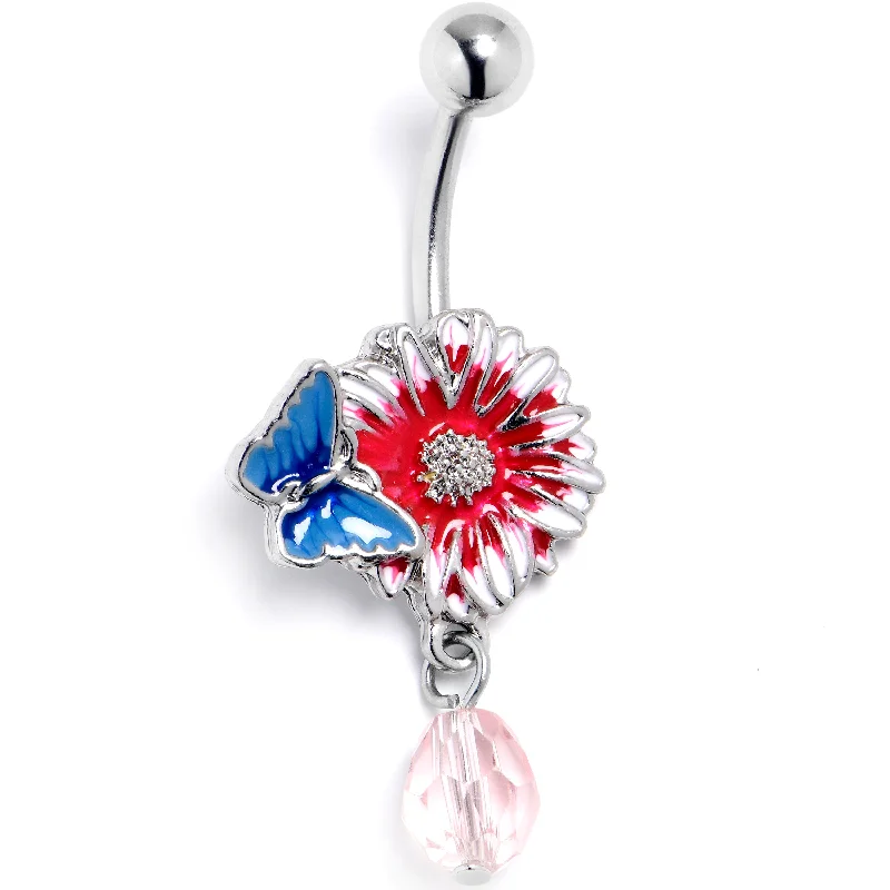 Pink Gem Passion Flower Butterfly Dangle Belly Ring