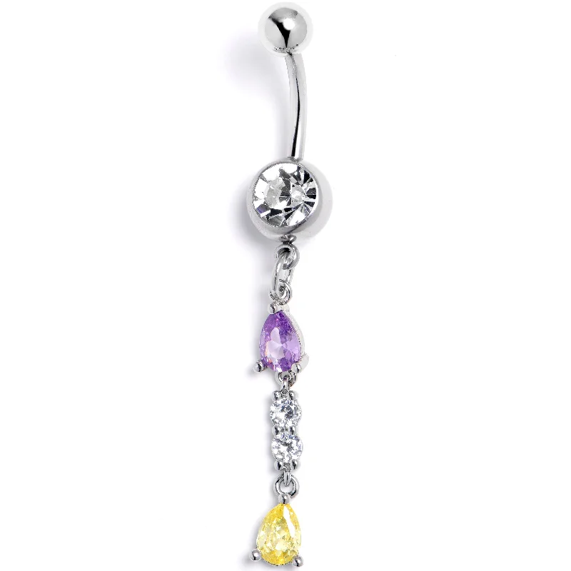 Purple Yellow CZ Gem Party Time Dangle Belly Ring