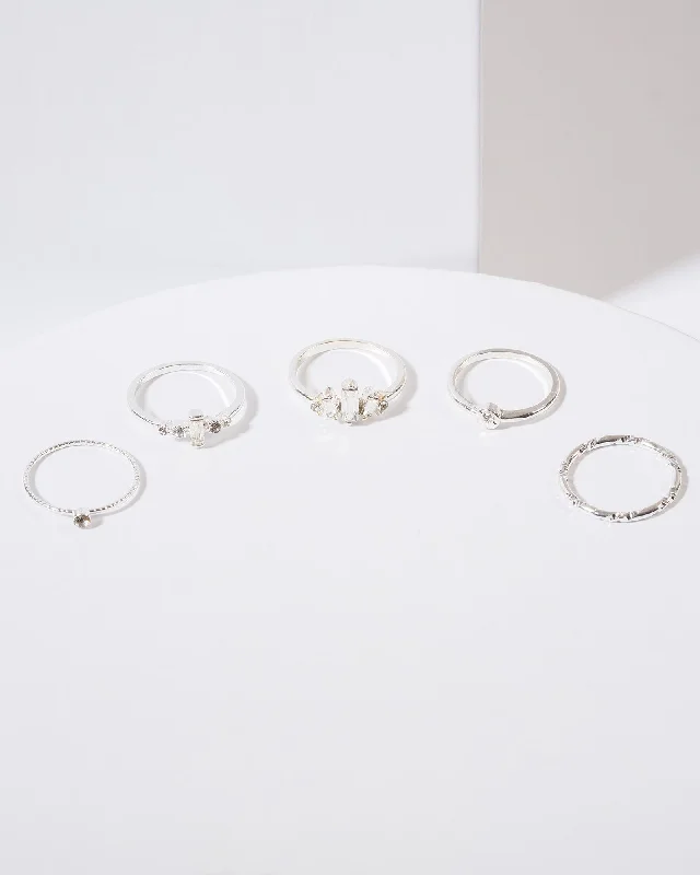 Silver 5 Pack Multi Crystal Rings